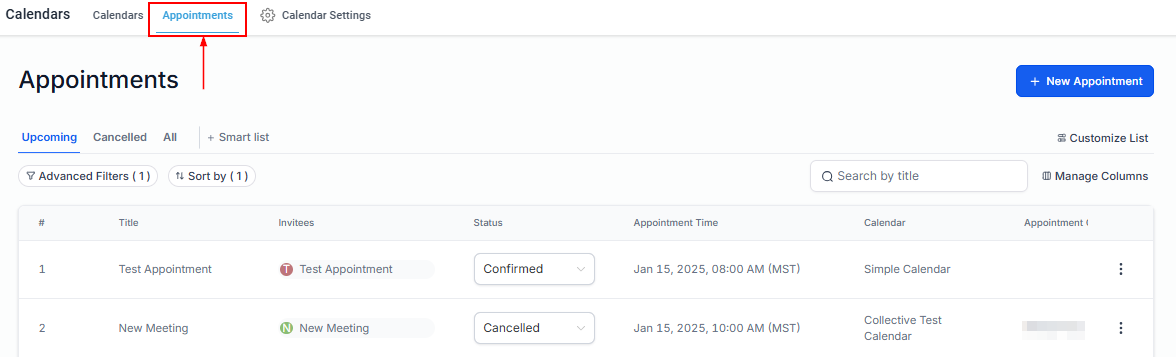 Appointments Section within Calendars Tab – figure 1