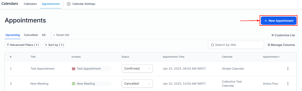 Appointments Section within Calendars Tab – figure 2