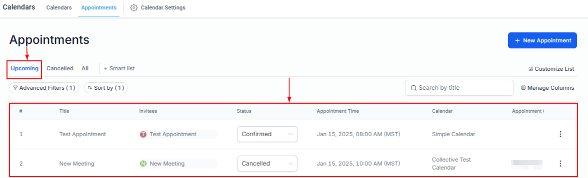 Appointments Section within Calendars Tab – figure 4