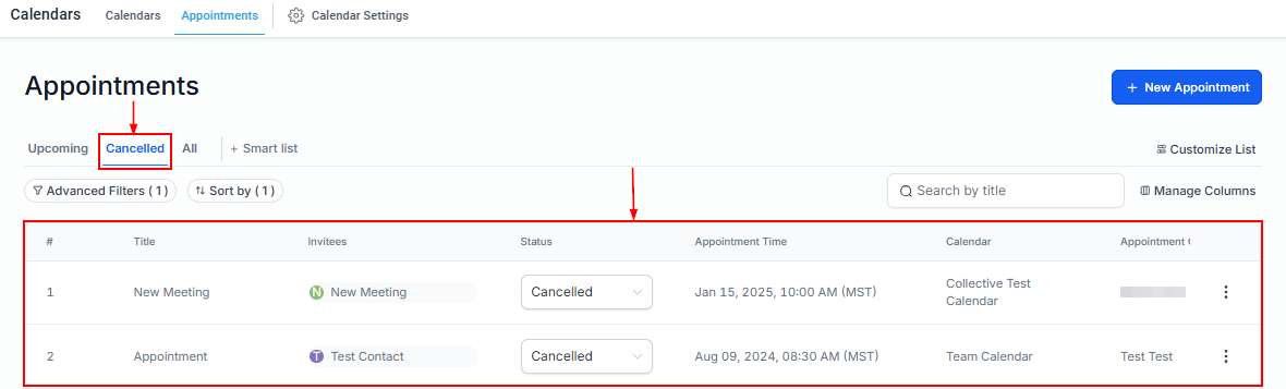 Appointments Section within Calendars Tab – figure 5