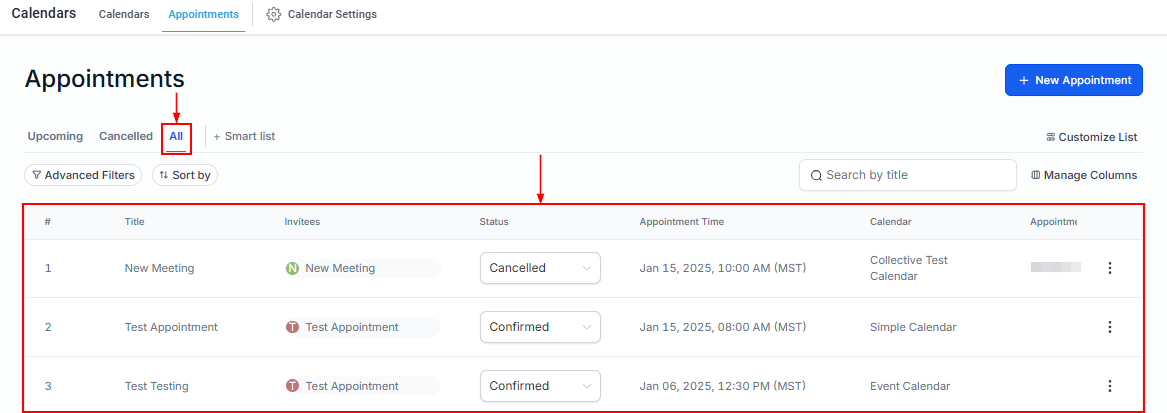 Appointments Section within Calendars Tab – figure 6
