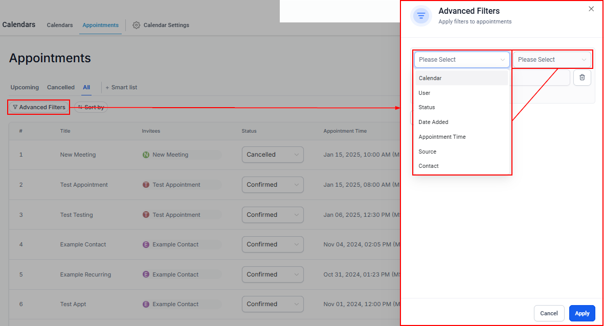 Appointments Section within Calendars Tab – figure 8