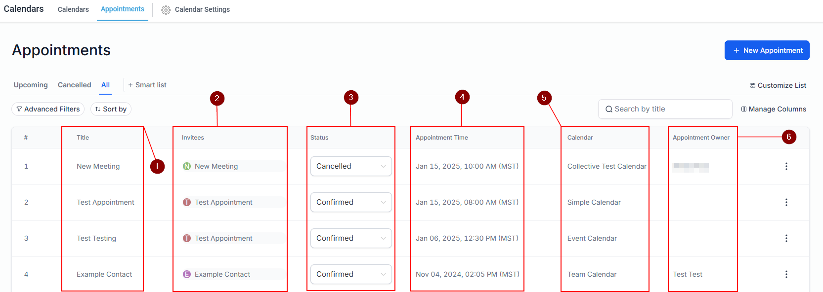 Appointments Section within Calendars Tab – figure 10