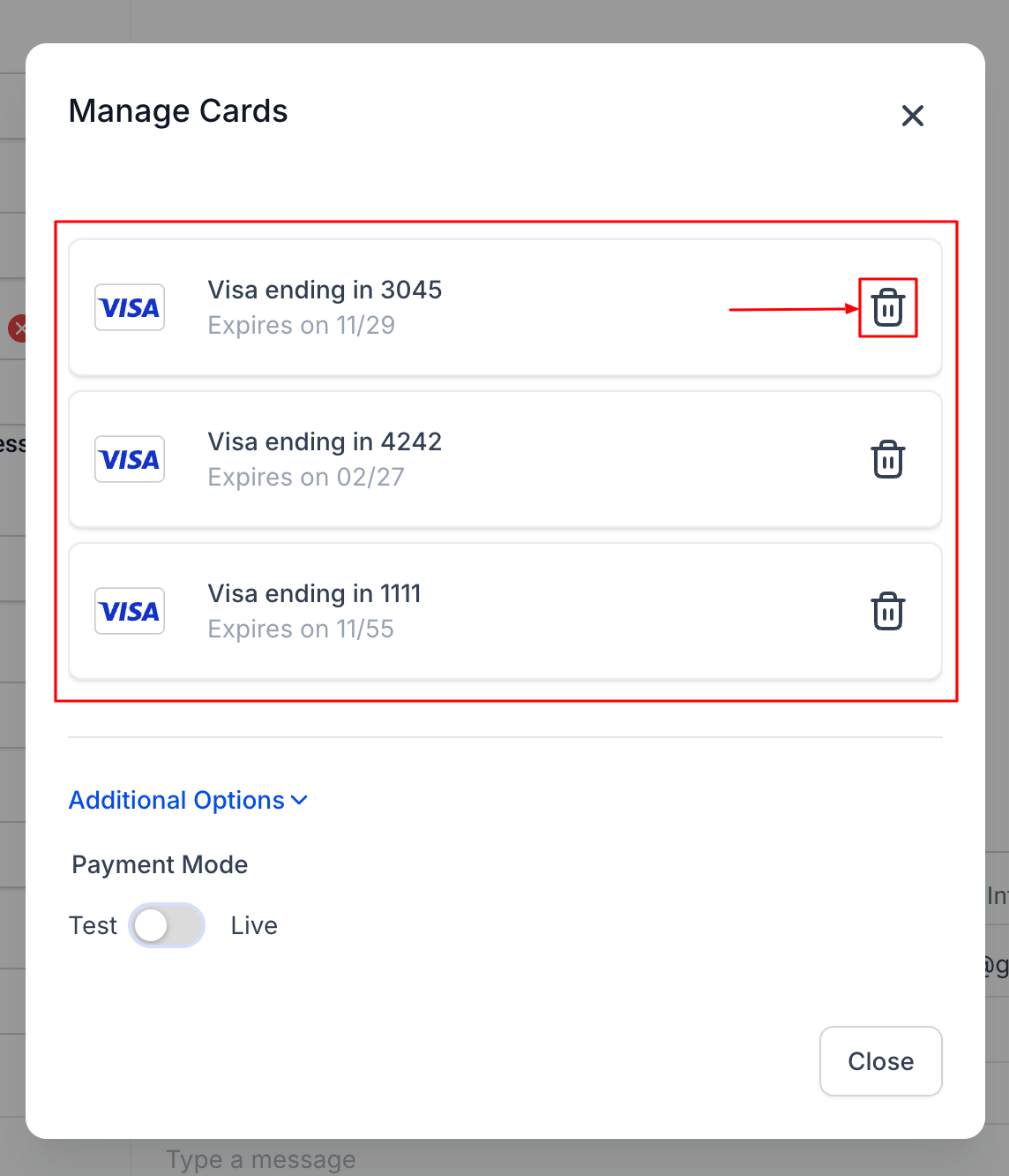 How to View and Delete Cards on File – figure 2