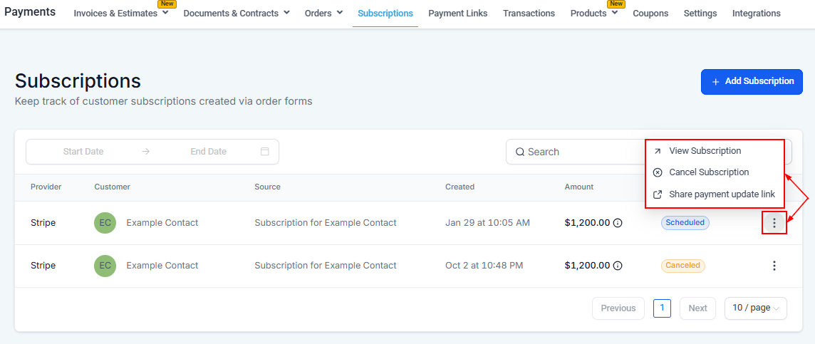 Subscriptions & Invoices in Contact Details – figure 6