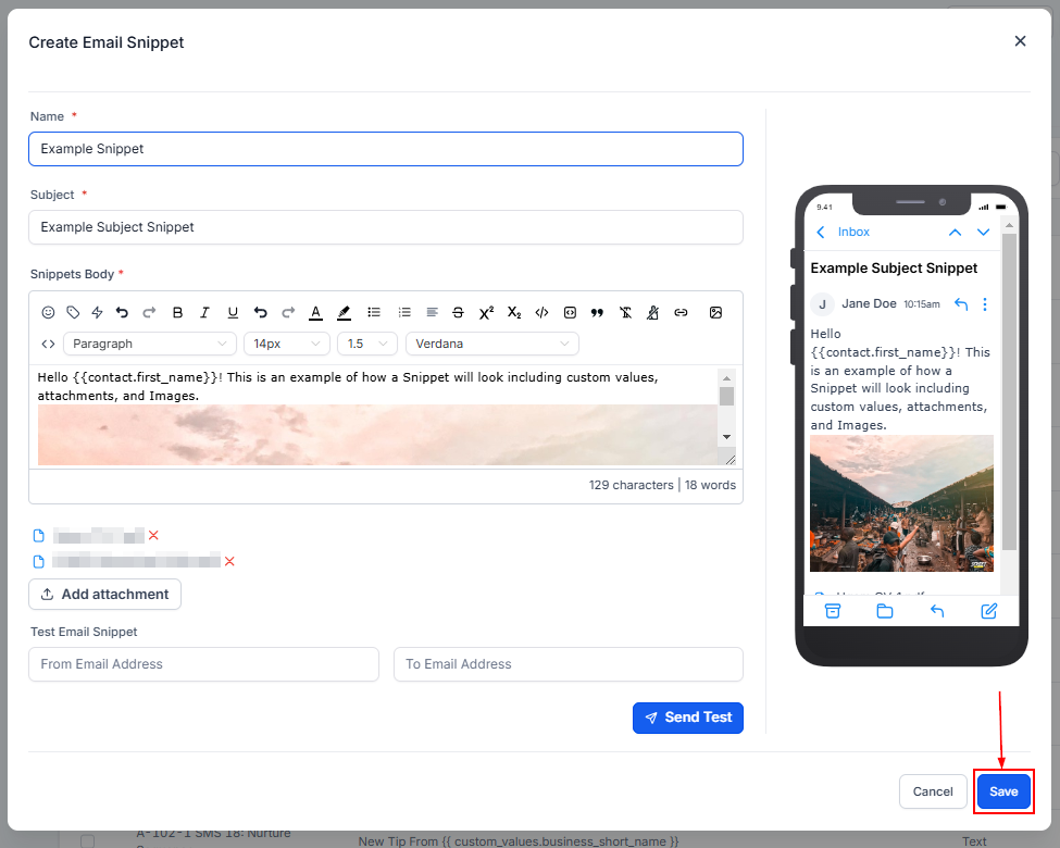 Add Email Snippet – figure 3