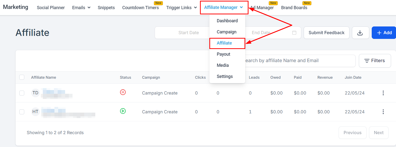How to Add a Sub-Affiliate Under an Existing Affiliate – figure 1