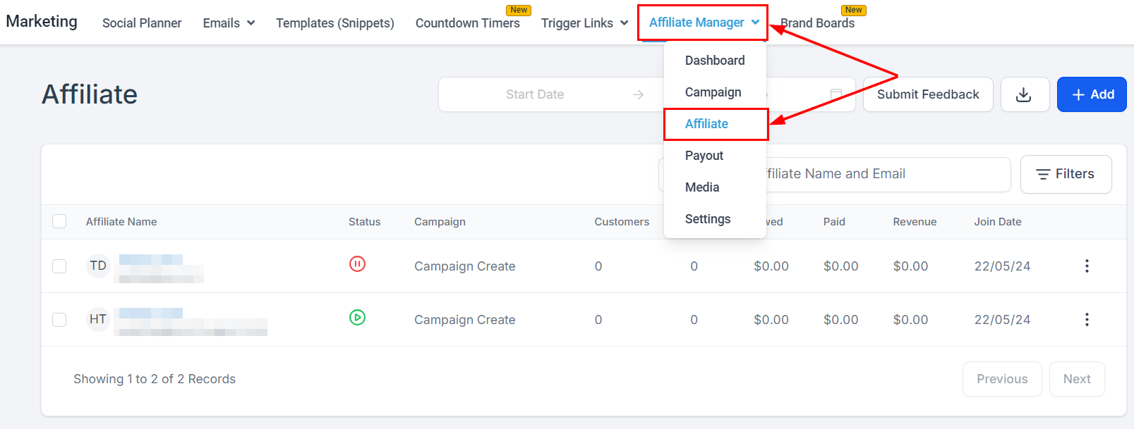How to Delete Affiliates – figure 1