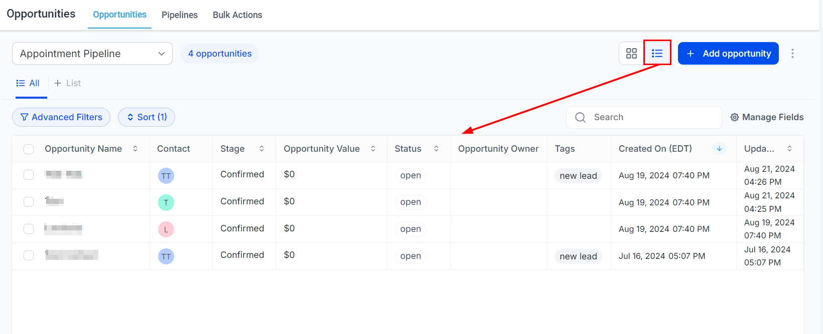 List View in Opportunities – figure 1