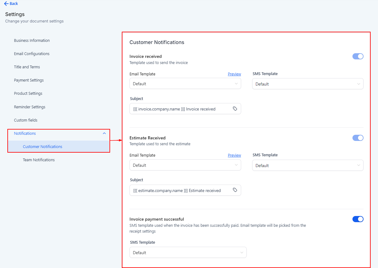 Customize Email and SMS notifications for invoicing – figure 8