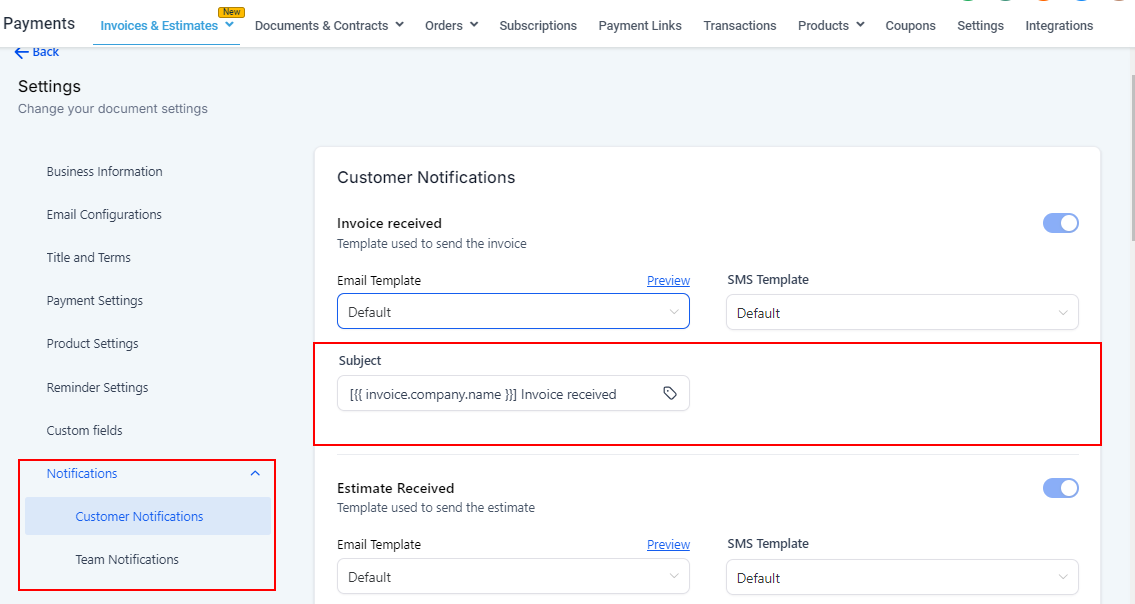 Customize Email and SMS notifications for invoicing – figure 9