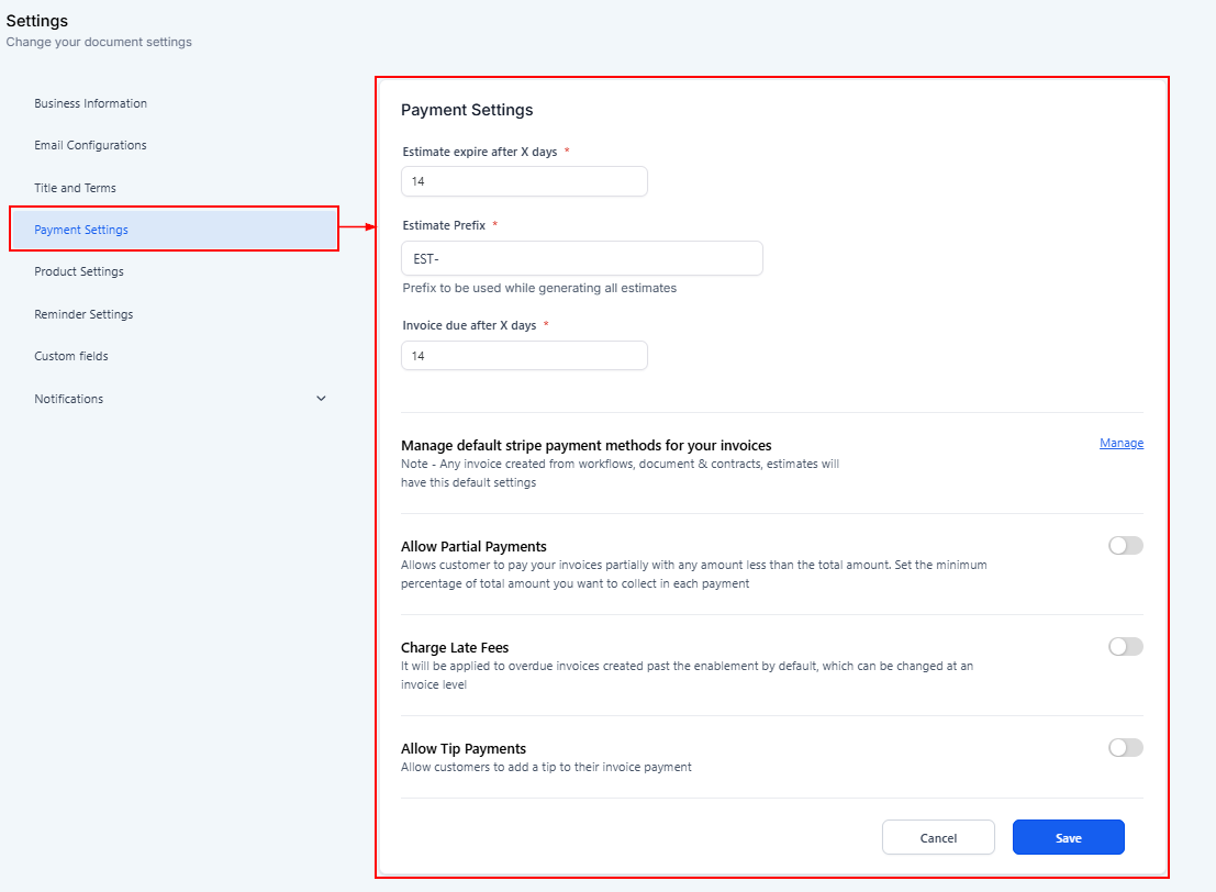 Payment Settings for Invoices & Estimates – figure 2