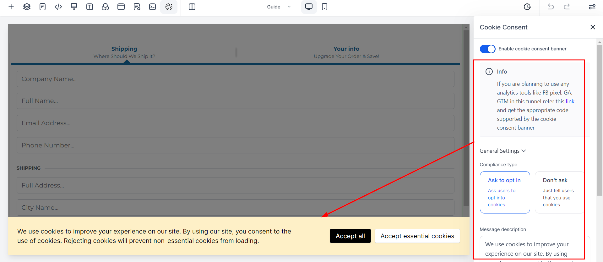 Cookie Consent in FunnelWebsite Builder – figure 4