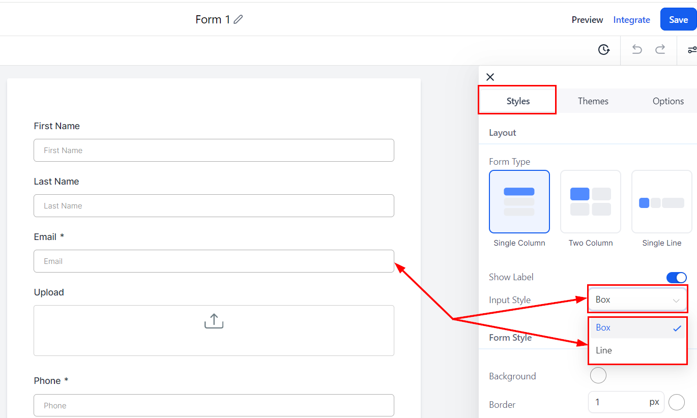 Line and Box Style in Form and Survey Builder – figure 1