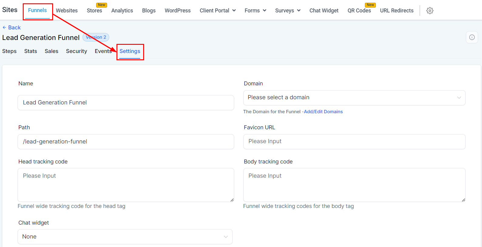 Settings Tab - Funnels – figure 1