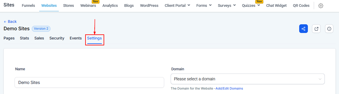 Settings Tab - Websites – figure 2
