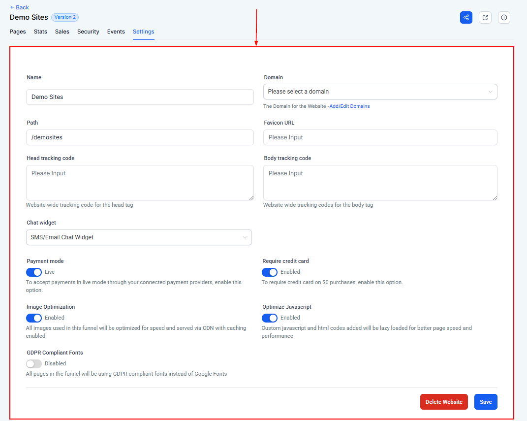 Settings Tab - Websites – figure 5